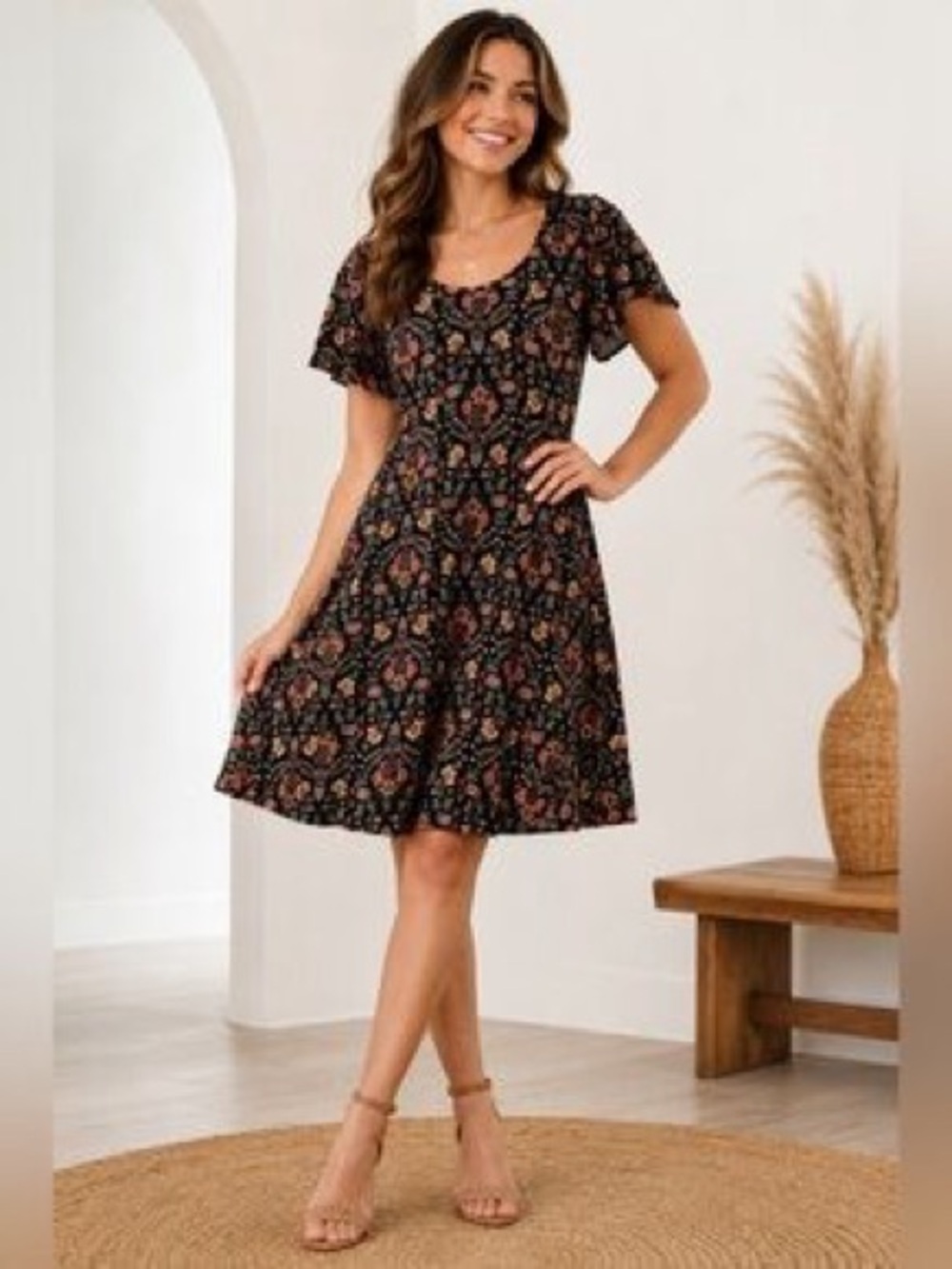 nine britton Black Floral Scoop-Neck Fit-and-Flare Dress